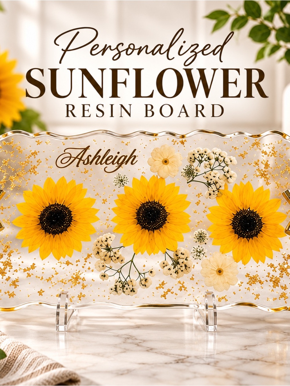 Personalized Sunflower Resin Board with Gold Flakes